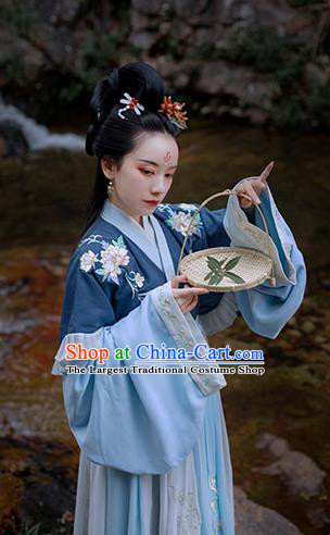 Chinese Ancient Princess Hanfu Garment Costumes Jin Dynasty Palace Lady Blue Half Sleeved Top Blouse and Skirt for Women