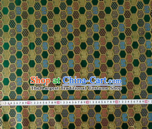 Japanese Traditional Hexagon Daisy Pattern Design Green Brocade Nishijin Fabric Silk Material Traditional Asian Japan Kimono Tapestry Satin