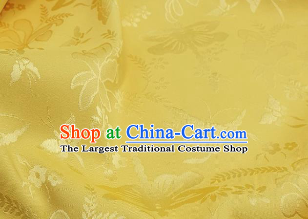 Chinese Hanfu Dress Traditional Butterfly Dragonfly Pattern Design Yellow Satin Fabric Silk Material Traditional Asian Cloth Tapestry