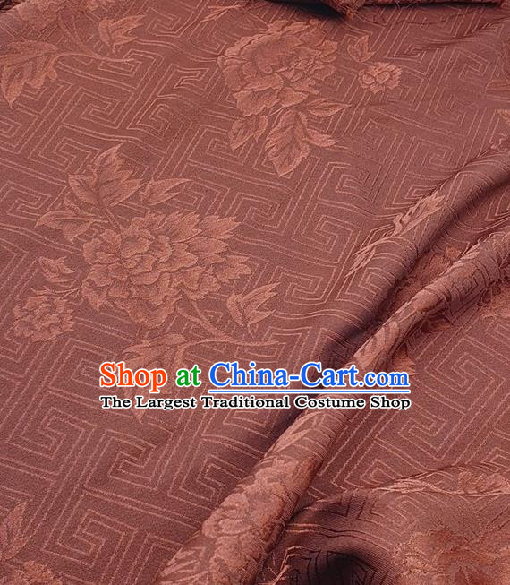 Chinese Traditional Peony Pattern Design Brownish Red Satin Fabric Traditional Asian Hanfu Dress Cloth Tapestry Silk Material