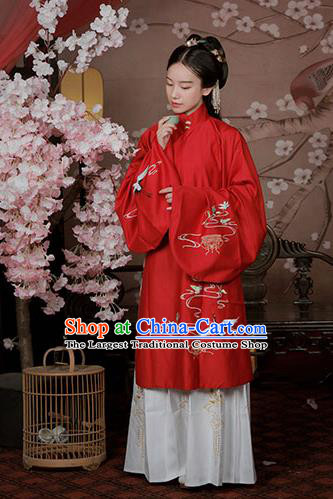 Chinese Ancient Noble Lady Hanfu Garment Traditional Ming Dynasty Embroidered Red Blouse and White Skirt Costumes Full Set