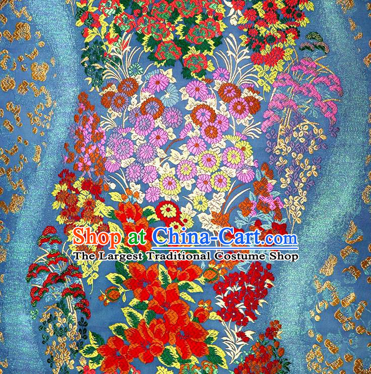 Top Quality Japanese Classical Flow Sakura Pattern Blue Satin Material Asian Traditional Brocade Kimono Belt Nishijin Cloth Fabric
