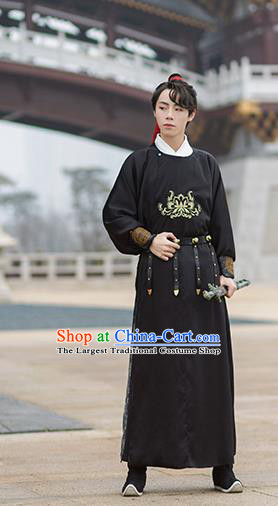 Chinese Ancient Tang Dynasty Swordsman Hanfu Garment Traditional Embroidered Black Robe Costumes for Men