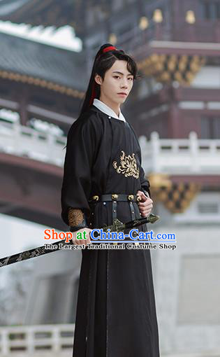 Chinese Ancient Tang Dynasty Swordsman Hanfu Garment Traditional Embroidered Black Robe Costumes for Men