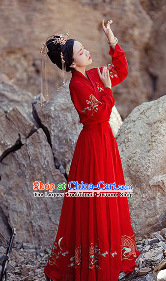 Chinese Ancient Bride Wedding Hanfu Garment Traditional Jin Dynasty Historical Costumes Embroidered Red Cape Blouse and Skirt Full Set