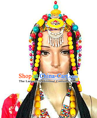 Chinese Traditional Tibetan Nationality Bride Hair Clasp Decoration Handmade Zang Ethnic Headdress Stage Show Tassel Frontlet Hair Accessories for Women