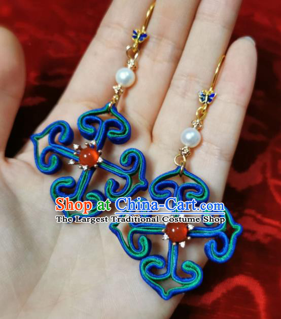 Chinese Handmade Qing Dynasty Silk Earrings Traditional Hanfu Ear Jewelry Accessories Classical Agate Eardrop for Women