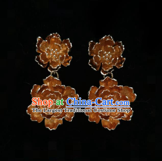 Chinese Handmade Qing Dynasty Brass Peony Earrings Traditional Hanfu Ear Jewelry Accessories Classical Court Eardrop for Women