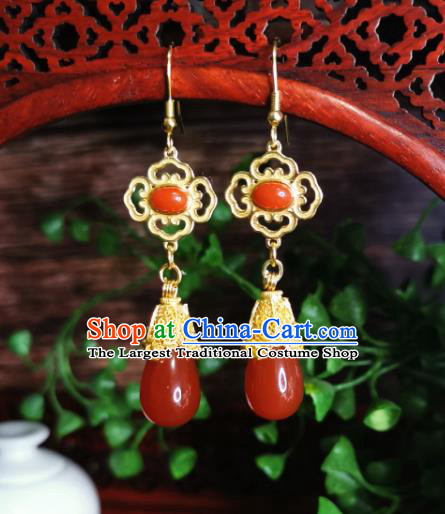 Chinese Handmade Qing Dynasty Agate Earrings Traditional Hanfu Ear Jewelry Accessories Classical Red Eardrop for Women
