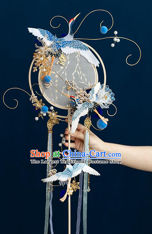 Top Grade Chinese Classical Wedding Blue Ribbon Fan Accessories Handmade Ancient Bride Embroidered Round Fans for Women