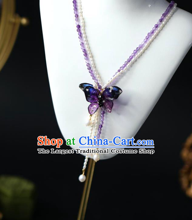 Baroque Handmade Amethyst Butterfly Necklace Jewelry Accessories European Retro Princess Beads Necklet for Women
