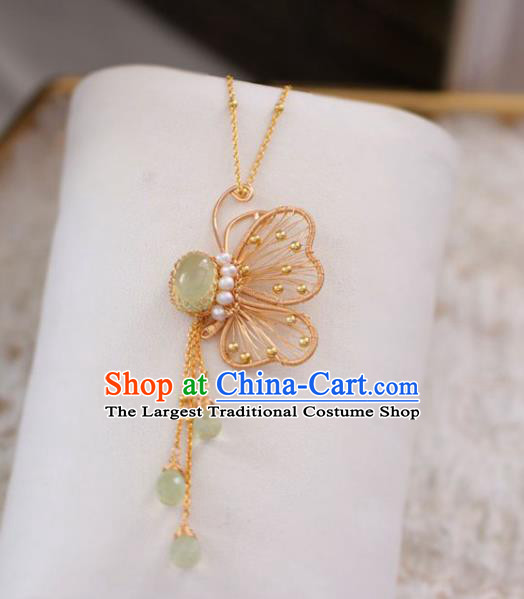 Baroque Handmade Golden Butterfly Jewelry Accessories European Novel Design Prehnite Tassel Necklace for Women