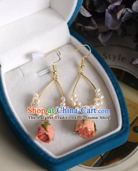 Princess Handmade Pink Flowers Earrings Classical Pearls Eardrop Fashion Jewelry Accessories for Women