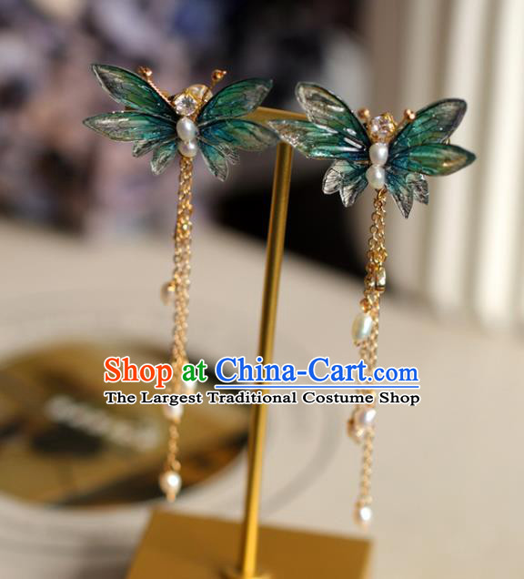 Princess Handmade Earrings Fashion Jewelry Accessories Classical Pearls Tassel Green Butterfly Eardrop for Women