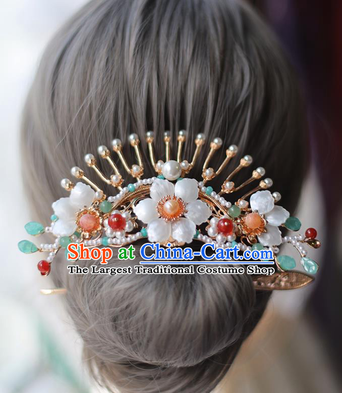 Handmade Chinese Tang Dynasty Pearls Hair Clip Traditional Classical Hanfu Hair Accessories Ancient Princess Shell Flower Hairpins for Women