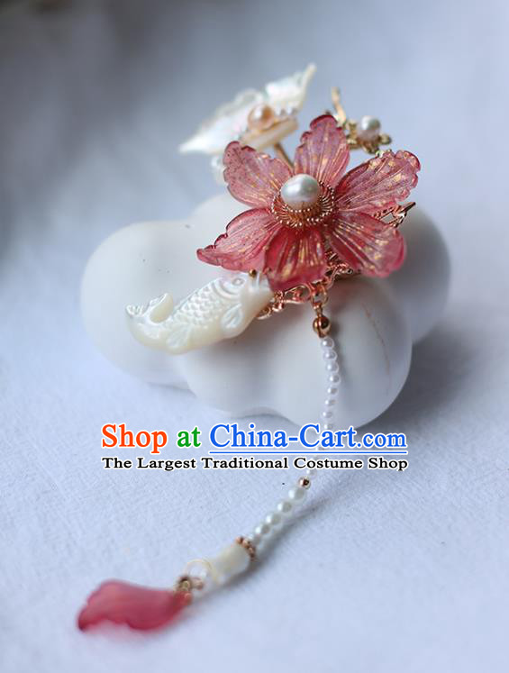 Handmade Chinese Red Lotus Hair Claw Traditional Classical Hanfu Hair Accessories Ancient Princess Shell Butterfly Carp Tassel Hairpins for Women