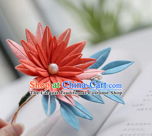 Handmade Chinese Classical Red Silk Flower Hair Clip Traditional Hair Accessories Ancient Hanfu Court Hairpins for Women