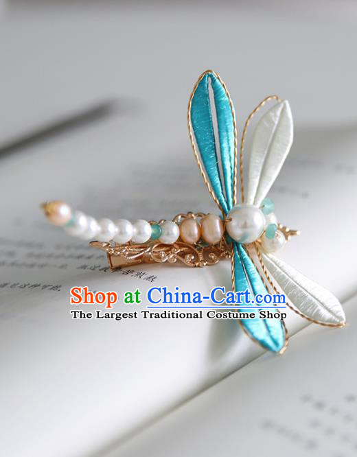 Handmade Chinese Classical Pearls Hairpins Traditional Hair Accessories Ancient Hanfu Blue Silk Dragonfly Hair Claw for Women