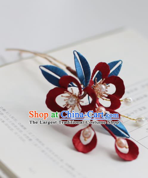 Handmade Chinese Classical Pearls Hairpins Traditional Hair Accessories Ancient Qing Dynasty Court Wine Red Silk Flower Hair Clip for Women