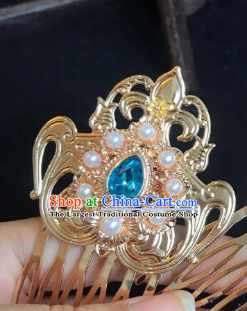 Handmade Chinese Tang Dynasty Golden Hair Comb Traditional Hair Accessories Ancient Court Blue Crystal Hairpins for Women