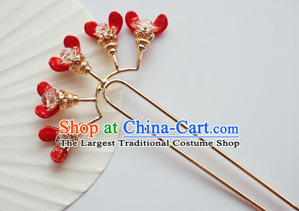 Handmade Chinese Red Flowers Hair Clip Traditional Hair Accessories Ancient Hanfu Classical Golden Hairpins for Women