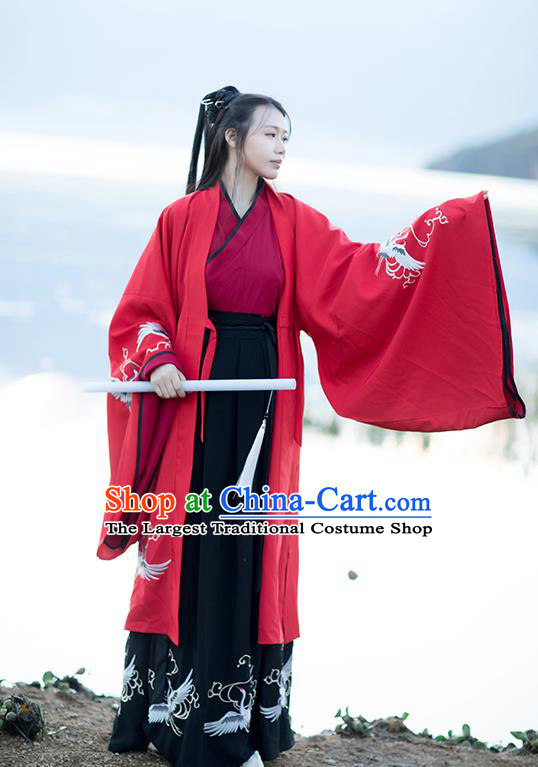 Chinese Traditional Han Dynasty Female Swordsman Hanfu Garment Ancient Knight Costumes Red Cloak Blouse and Black Skirt Full Set