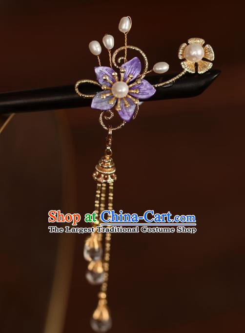 Handmade Chinese Cheongsam Purple Plum Hair Clip Traditional Hanfu Hair Accessories Ebony Pearls Hairpins for Women