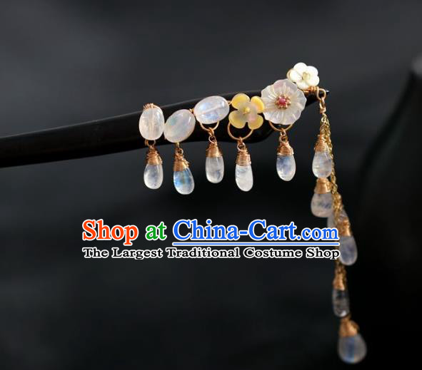 Handmade Chinese Cheongsam Moonstone Hair Clip Traditional Hanfu Hair Accessories Ebony Tassel Hairpins for Women