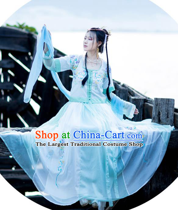 Chinese Tang Dynasty Palace Lady Costumes Traditional Hanfu Ancient Goddess Embroidered Half Sleeved Garment Blouse and Skirt Full Set