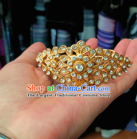 Chinese Dai Nationality Crystal Bracelet Traditional Ethnic Golden Bangle Accessories for Women