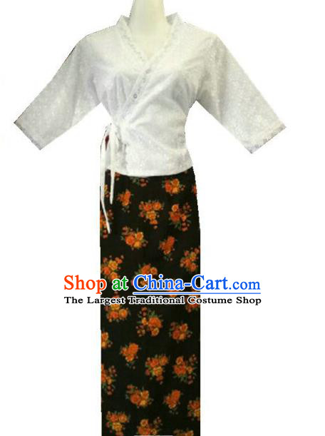 Chinese Dai Nationality Costumes Traditional Dai Ethnic Work White Middle Sleeve Blouse and Printing Orange Flowers Skirt for Women