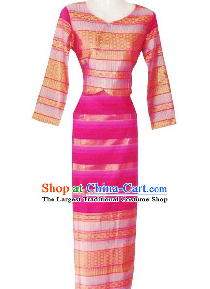 Chinese Dai Nationality Folk Dance Costumes Traditional Dai Ethnic Stage Show Red Blouse and Straight Skirt for Women