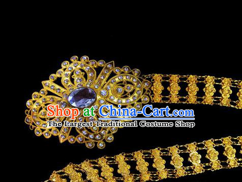 Chinese Dai Nationality Folk Dance Golden Belt Waistband Traditional Ethnic Crystal Waist Accessories for Women