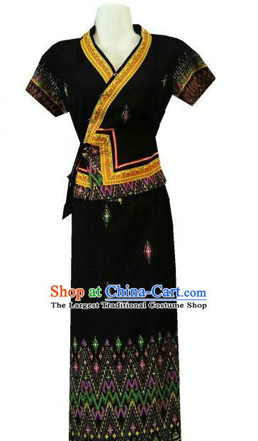 Chinese Dai Nationality Stage Show Outfit Costumes Traditional Dai Ethnic Folk Dance Black Blouse and Straight Skirt Complete Set