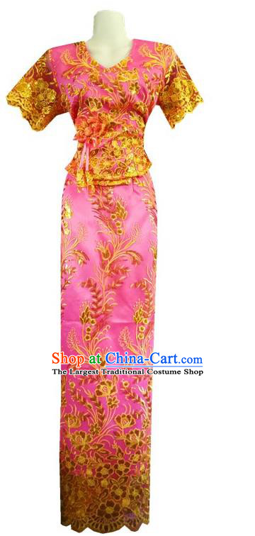 Chinese Dai Nationality Embroidered Outfit Costumes Traditional Dai Ethnic Folk Dance Pink Blouse and Straight Skirt Full Set