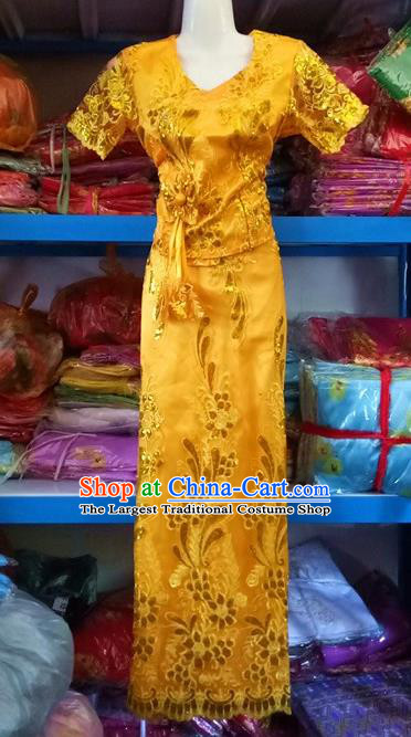 Yellow Chinese Dai Nationality Embroidered Outfit Costumes Traditional Dai Ethnic Folk Dance Blouse and Straight Skirt Full Set
