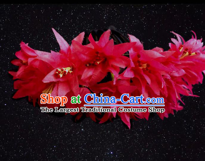 Chinese Dai Nationality Dance Red Silk Flowers Hairpin Traditional Ethnic Hair Accessories Handmade Hair Comb for Women