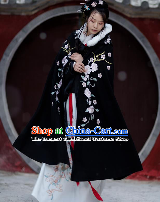 Chinese Ming Dynasty Embroidered Peony Cloak Costumes Traditional Ancient Hanfu Garment Winter Black Woolen Cape for Women