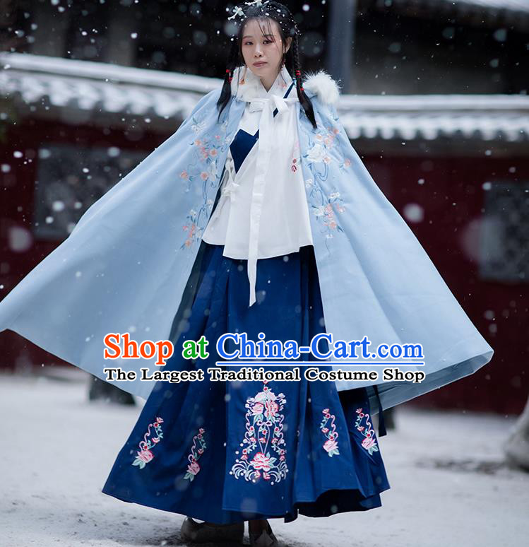 Chinese Ming Dynasty Embroidered Blue Hooded Cloak Costumes Traditional Ancient Hanfu Garment Winter Woolen Cape for Women