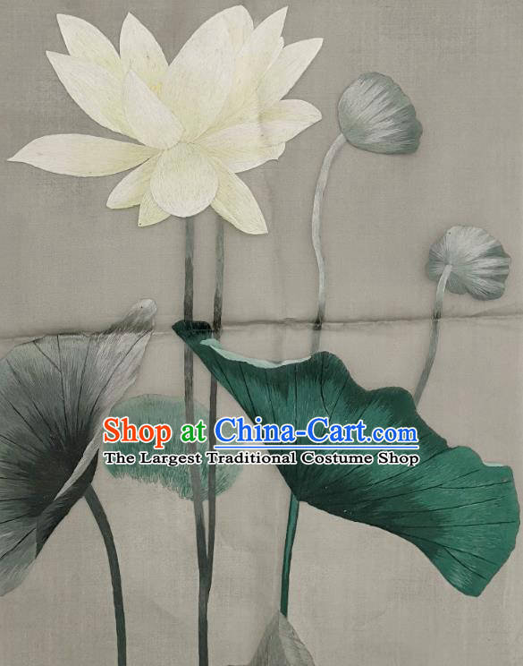 Chinese Traditional Embroidered Lotus Decorative Painting Handmade Embroidery Craft Embroidering Grey Cloth Picture