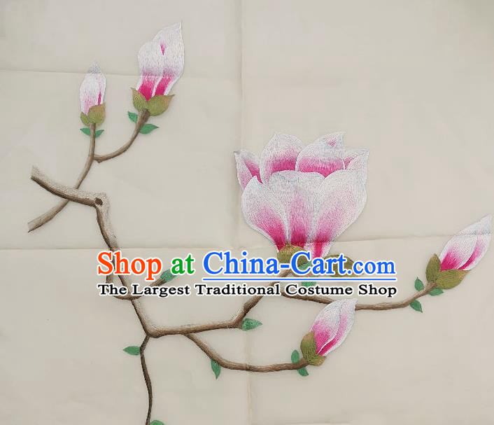 Traditional Chinese Embroidered Pink Magnolia Fabric Patches Handmade Embroidery Craft Accessories Embroidering Flowers Applique