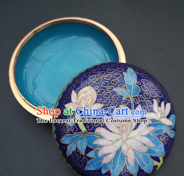 Chinese Traditional Cloisonne Lotus Pattern Rouge Box Handmade Brass Craft Enamel Royalblue Inkpad Box Accessories