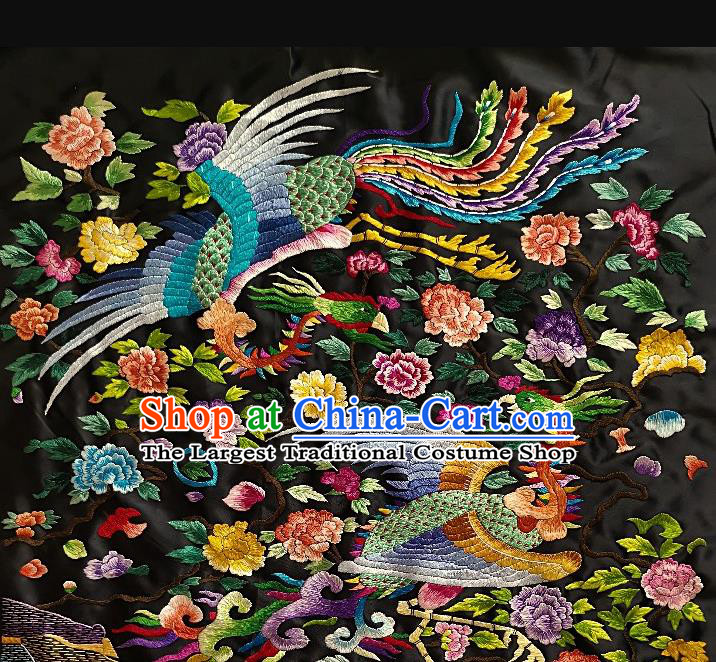 Chinese Traditional Embroidered Blue Phoenix Peony Fabric Patches Handmade Embroidery Craft Embroidering Silk Applique