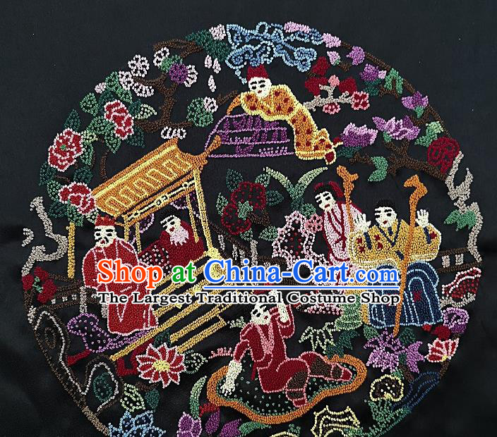 Chinese Traditional Embroidered Character Painting Handmade Embroidery Craft Embroidering Black Silk Decorative Picture