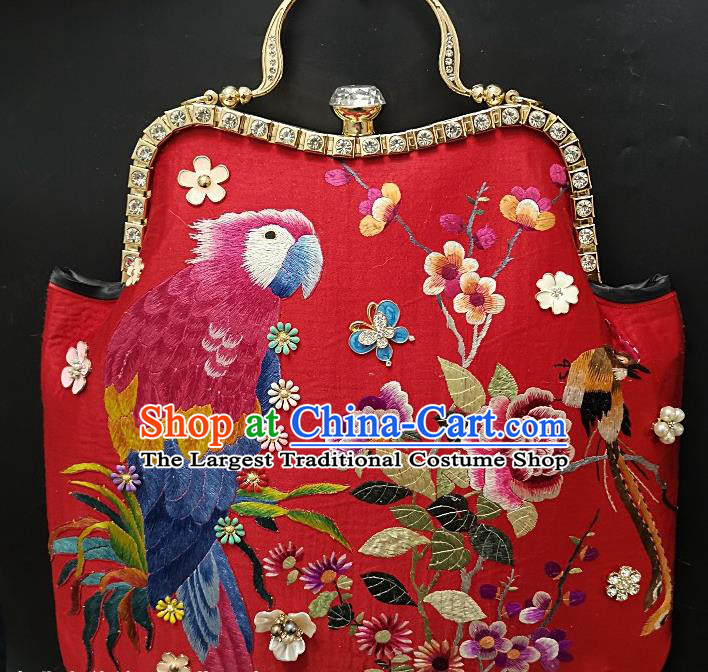 Chinese Traditional Embroidered Parrot Plum Handbag Handmade Embroidery Red Satin Bag for Women