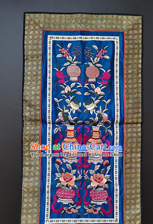 Chinese National Embroidered Flowers Vase Paintings Traditional Handmade Embroidery Decorative Royalblue Silk Picture Craft
