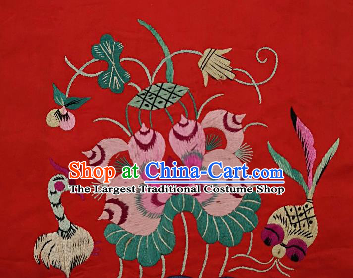 Traditional Chinese Embroidered Lotus Goldfish Red Silk Fabric Patches Handmade Embroidery Craft Accessories Embroidering Dress Applique