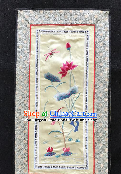 Chinese National Embroidered Lotus Paintings Traditional Handmade Embroidery Decorative Light Yellow Silk Picture Craft