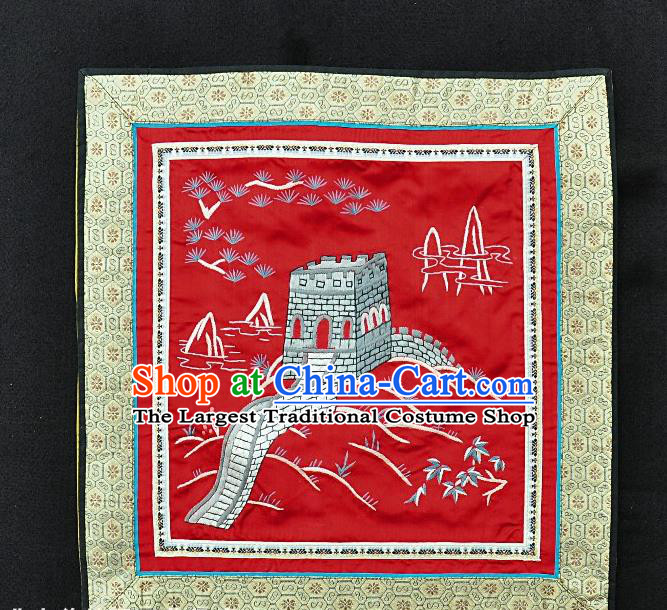 Traditional Chinese Embroidered Pine The Great Wall Silk Plate Mat Handmade Embroidering Dress Applique Embroidery Red Fabric Patches Accessories