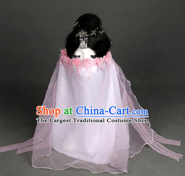 Chinese Traditional Ancient Swordswoman Pink Flowers Mask Headwear Handmade Princess Hanfu Face Veil